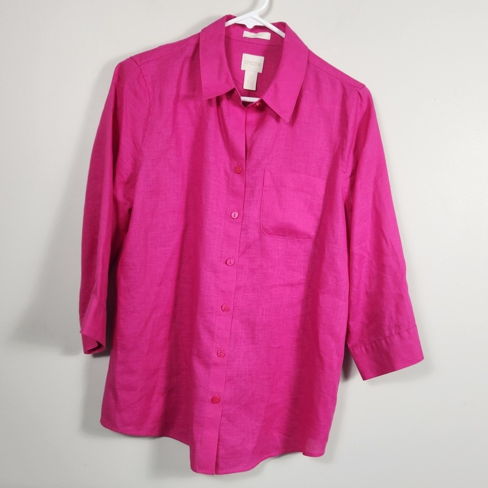 Chicos No-Iron 100% Linen Button Down Shirt Hot Pink‎ 3/4 Sleeve Barbiecore M